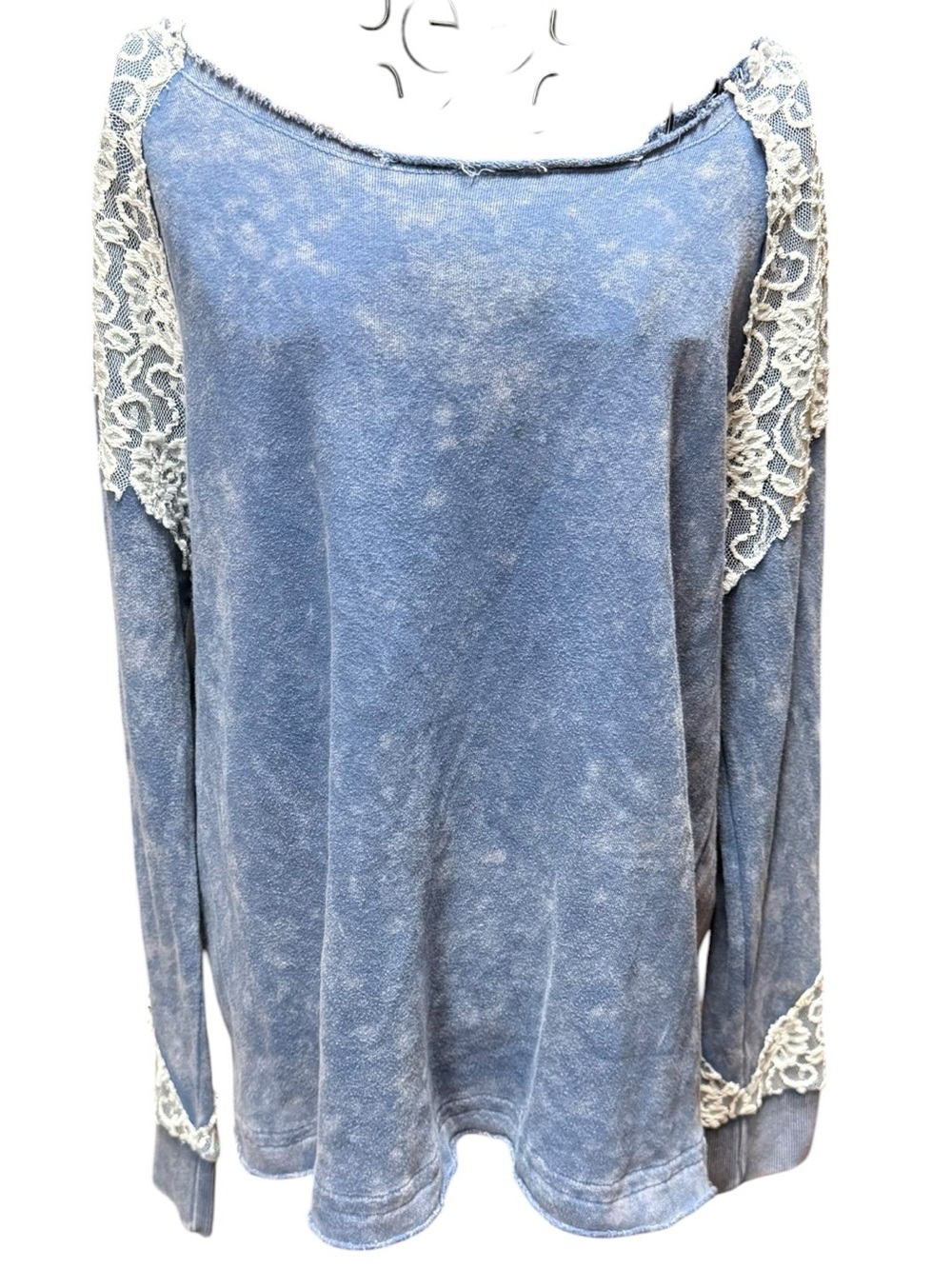 POL Blue Mineral Wash Lace-Accent Long Sleeve Wide shoulder Top shabby chic Boho
